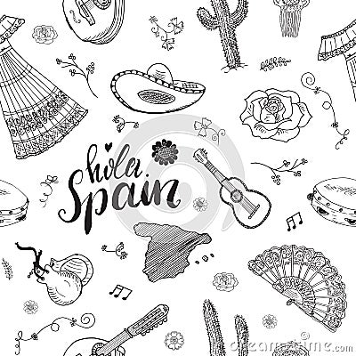 Spain seamless pattern doodle elements, Hand drawn sketch spanish traditional guitars, dress and music instruments, map of spain a Vector Illustration