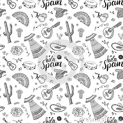 Spain seamless pattern doodle elements, Hand drawn sketch spanish traditional guitars, dress and music instruments, map of spain a Vector Illustration