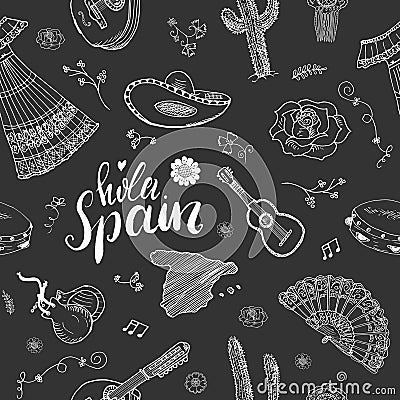 Spain seamless pattern doodle elements, Hand drawn sketch spanish traditional guitars, dress and music instruments, map of spain a Vector Illustration