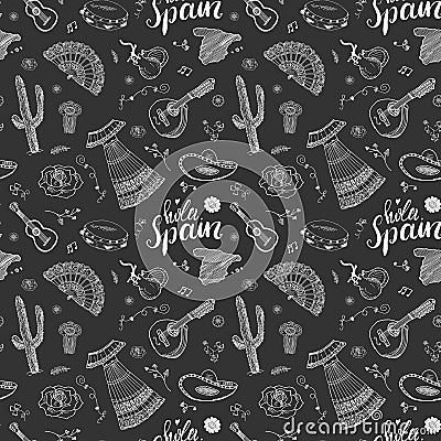 Spain seamless pattern doodle elements, Hand drawn sketch spanish traditional guitars, dress and music instruments, map of spain a Vector Illustration