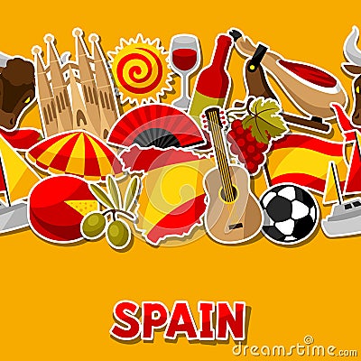 Spain seamless pattern. Spanish traditional sticker symbols and objects Vector Illustration