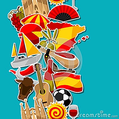 Spain seamless pattern. Spanish traditional sticker symbols and objects Vector Illustration