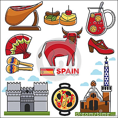 Spain travel destination promotional poster with customs illustrations Vector Illustration