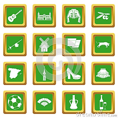 Spain travel icons set green Vector Illustration