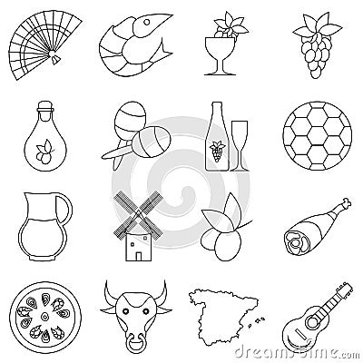 Spain travel icons set, outline style Vector Illustration