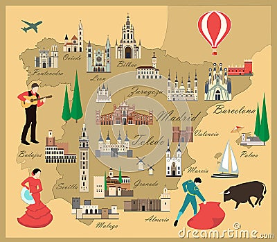Spain travel map with sights Vector Illustration