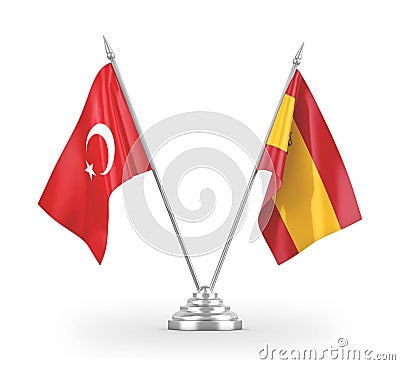 Spain and Turkey table flags isolated on white 3D rendering Stock Photo