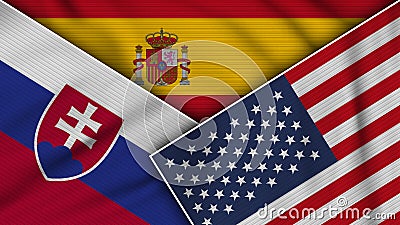 Spain United States of America Slovakia Flags Together Fabric Effect Illustration Stock Photo