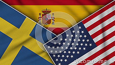 Spain United States of America Sweden Flags Together Fabric Texture Illustration Stock Photo