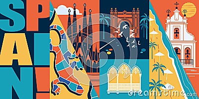 Spain vector banner, illustration. City skyline, historical buildings in modern flat design style Vector Illustration