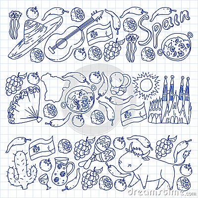 Spain vector pattern. Spanish traditional symbols and objects. Vector Illustration