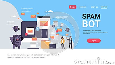 Spam bot email spamming attack robot computer application internet spammer concept artificial intelligence flat Vector Illustration