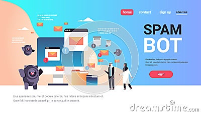 Spam bot email spamming attack robot computer application internet spammer concept artificial intelligence flat Vector Illustration