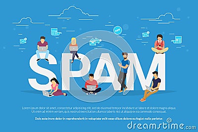 Spam concept flat vector illustration of young men and women receiving unsolicited emails Vector Illustration