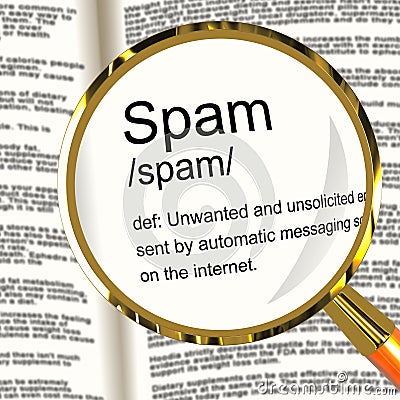 Spam Definition Magnifier Showing Unwanted And Malicious Email Stock Photo