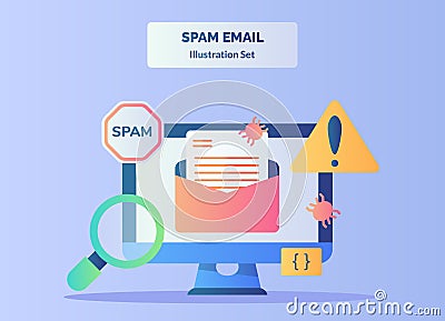 Spam email illustration set warning sign magnifying bug email on display monitor computer with flat style. Vector Illustration
