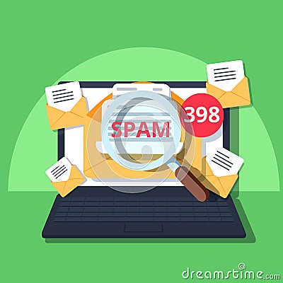 Spam Email Warning Window Appear On Laptop Screen. Concept of virus, piracy, hacking and security. Stock Photo