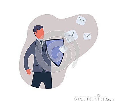 Spam filter, male shield off unwanted advertising messages. Concept vector illustration, isolated on white background. Vector Illustration