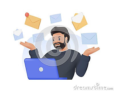 Spam isolated 3D cartoon vector illustrations. Confused man getting many spam emails, laptop screen, IT technology Cartoon Illustration