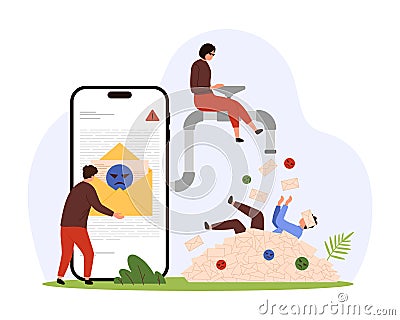 Spam overload in mobile mail application, criminals open faucet to drown customer Vector Illustration