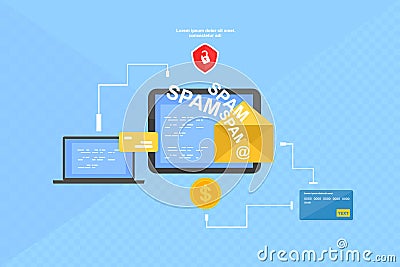 Spamming mailbox concept, user data on the screen of a monitor. Email box hacking, spam warning. Vector illustration Vector Illustration