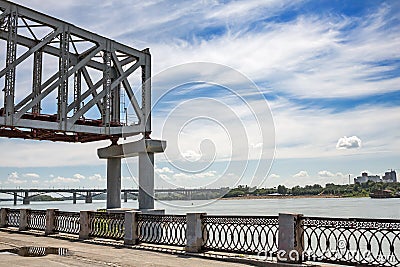 Span construction of the first railway bridge over the Ob river Editorial Stock Photo