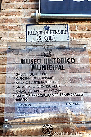 Marquis of Benemeji Palace sign, Ecija, Spain. Editorial Stock Photo