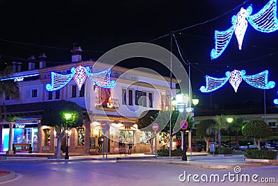 Town centre with Christmas decorations at dusk, La Cala de Mijas, Spain. Editorial Stock Photo