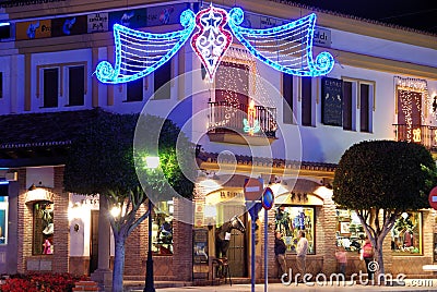 Shopping street at Christmas, La Cala de Mijas, Spain. Editorial Stock Photo