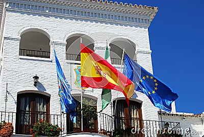 Nerja town hall and flags, Spain. Editorial Stock Photo