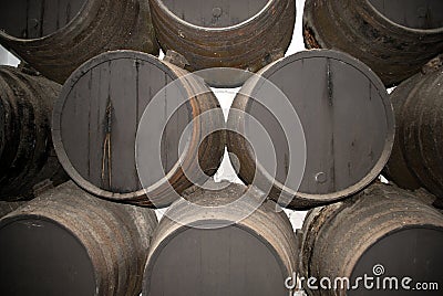 Traditional Spanish wooden sherry barrels in a warehouse, Jerez de la Frontera, Spain. Stock Photo