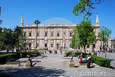 Triunfo Plaza and Indian Archives, Seville, Spain. Editorial Stock Photo