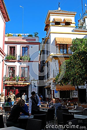 Cafe in the Plaza de Venerables, Seville, Spain. Editorial Stock Photo