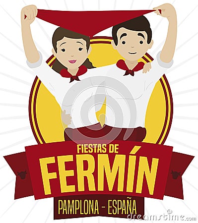 Spaniard Couple Celebrating San Fermin Festival over Ribbon, Vector Illustration Vector Illustration