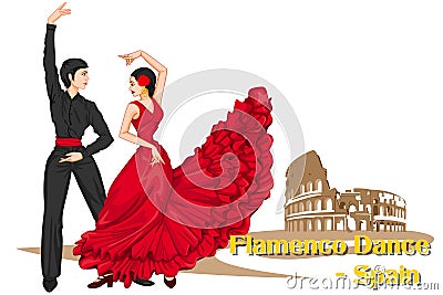 Spaniard Couple performing Flamenco dance of Spain Vector Illustration