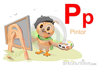 Spanish alphabet letter p artist pintor. Vector cartoon illustration Vector Illustration