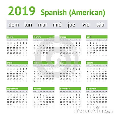 2019 Spanish American Calendar Vector Illustration