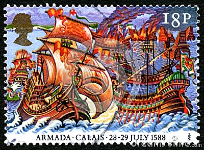 Spanish Armada in Calais UK Postage Stamp Editorial Stock Photo