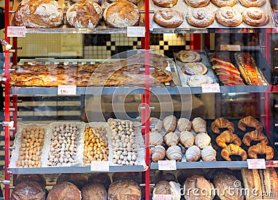 Spanish bakery showcase with price tags in Catalan Stock Photo