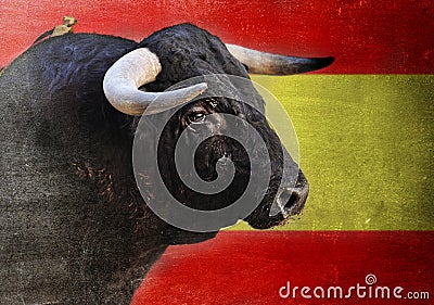 Spanish bull head with big horns looking dangerous isolated on Spain flag Stock Photo