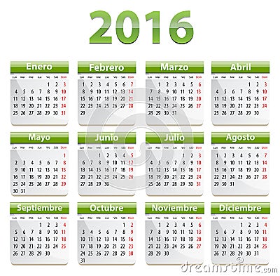 2016 Spanish calendar Vector Illustration