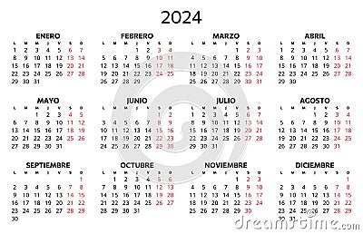 2024 spanish calendar. Printable vector illustration for Spain. 12 months year calendario Vector Illustration