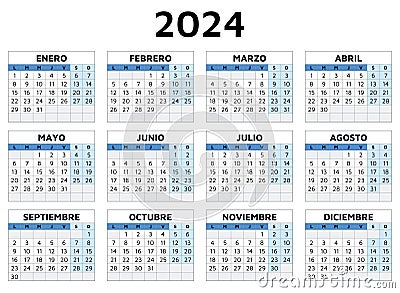 2024 spanish calendar. Printable vector template illustration in Spain. Horizontal Vector Illustration