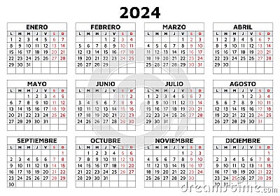 2024 spanish calendar. Simple printable vector template with grid illustration in Spain. Horizontal. Plan year Vector Illustration