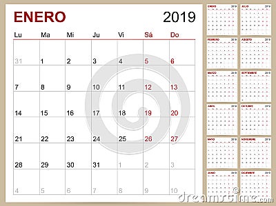 Spanish Calendar 2019 Vector Illustration