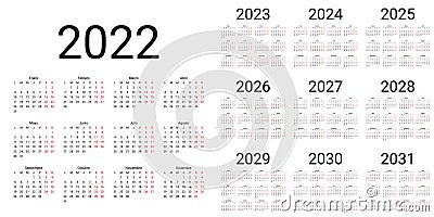 Spanish Calendar 2022 2023 2024 2025 2026 2027 2028 2029 2030 2031 years. Vector illustration. Simple template Vector Illustration