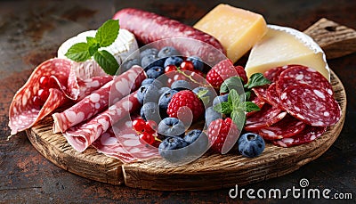 Spanish charcuterie board with jamon, peppered sausage, fuet, cheese, and assorted berries Stock Photo