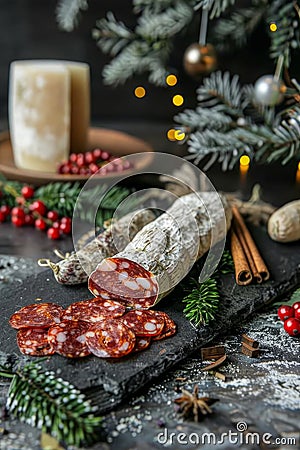 Spanish charcuterie board with jamon, spicy pork sausage, fuet, cheese, and assorted berries Stock Photo