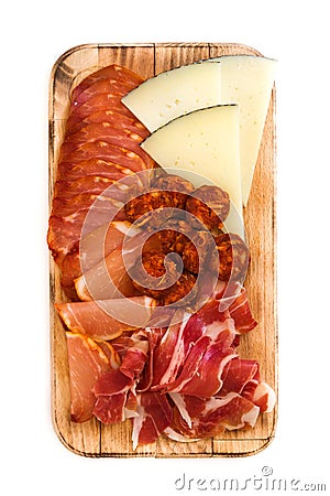 Spanish cold cuts embutidos. Cheese, sausage and ham isolated Stock Photo