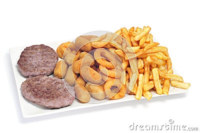 Spanish combo platter with burgers, croquettes, calamares and fr Stock Photo